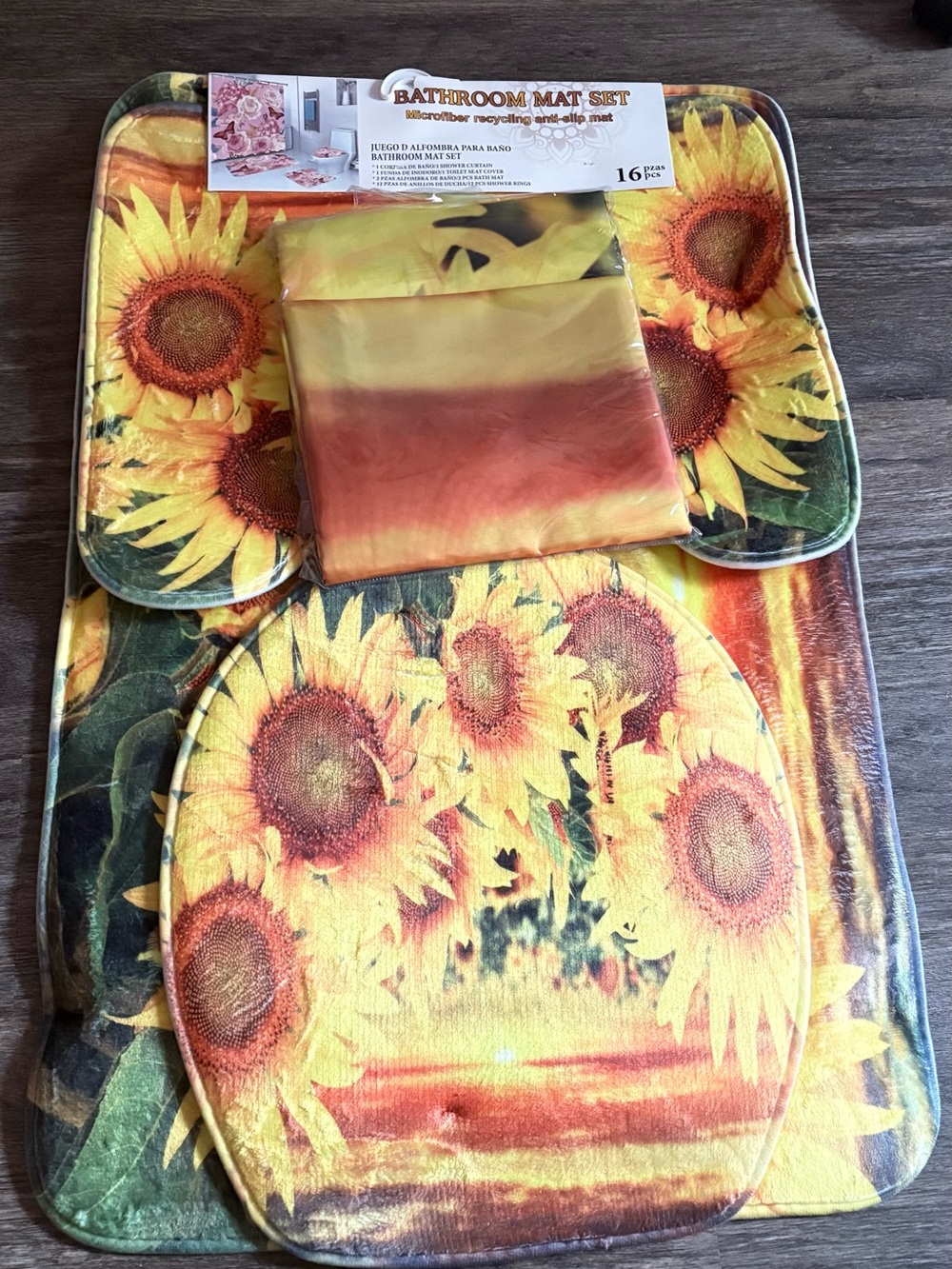 4 Piece Sunflower Bathroom Set - Shower Curtain + Bath Mats + Toilet Cover